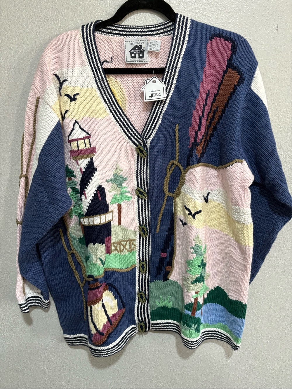 Storybook Knits Coastal Lighthouse Button-Front Cardigan - Blue, Pink & Cream